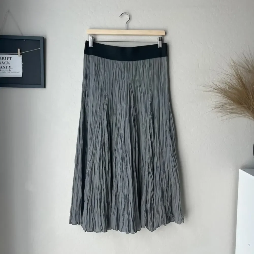 CP Shades Gray Crinkle Textured A-Line Lagenlook Pull-On Midi Skirt Size Medium - Picture 1 of 8